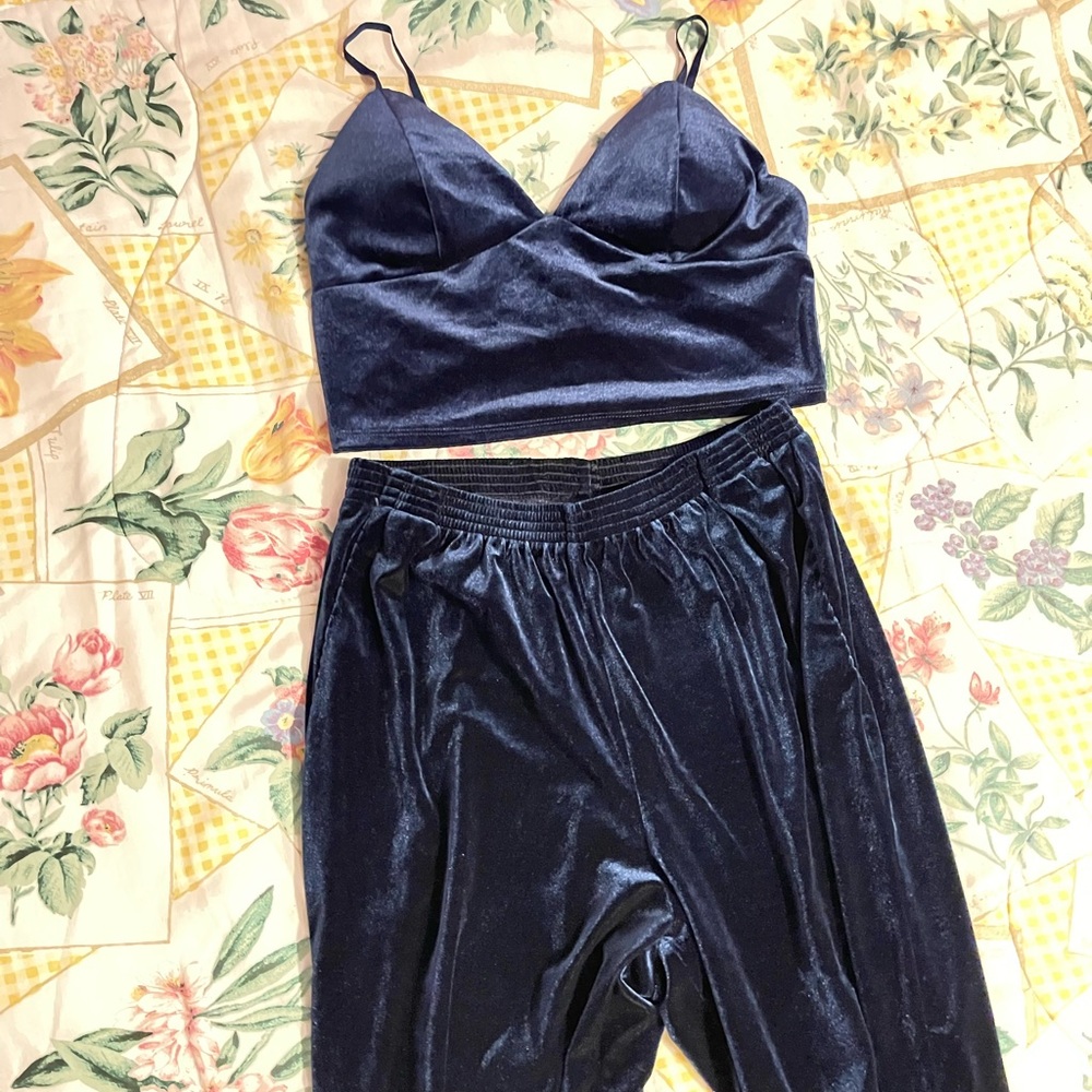 vintage blue velvet halter pants set